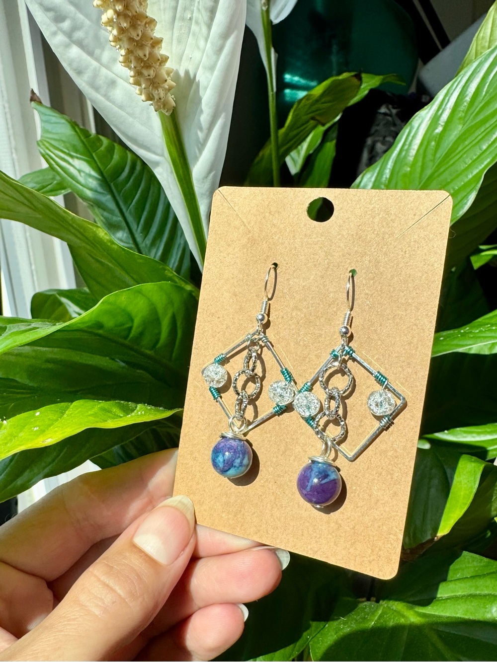 ✨PURPLE & BLUE JADE + CRACKLE QUARTZ✨ Diamond Dangle Earrings